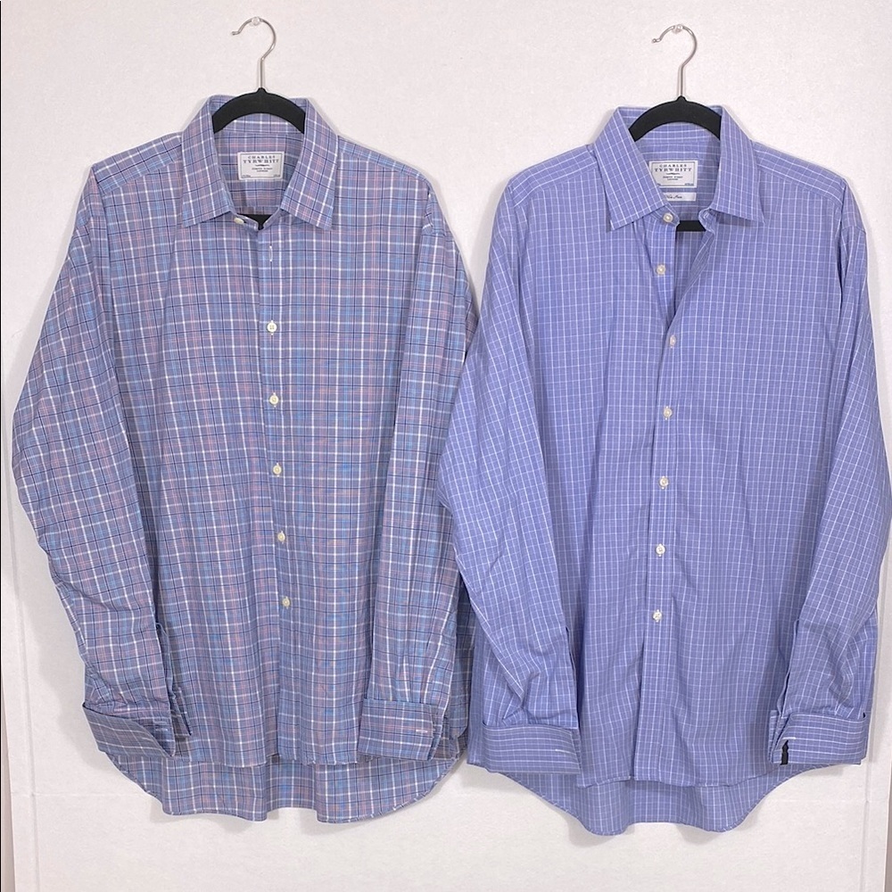 Charles Tyrwhitt French Cuff Blue Plaid Shirts 100% Cotton size 17.5 neck 38 in